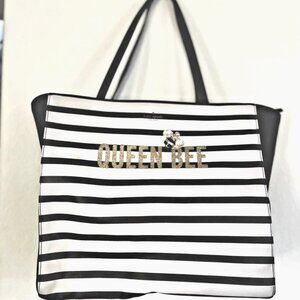 Kate Spade New York QUEEN BEE Design Canvas Tote Bag Black & White Stripe Large